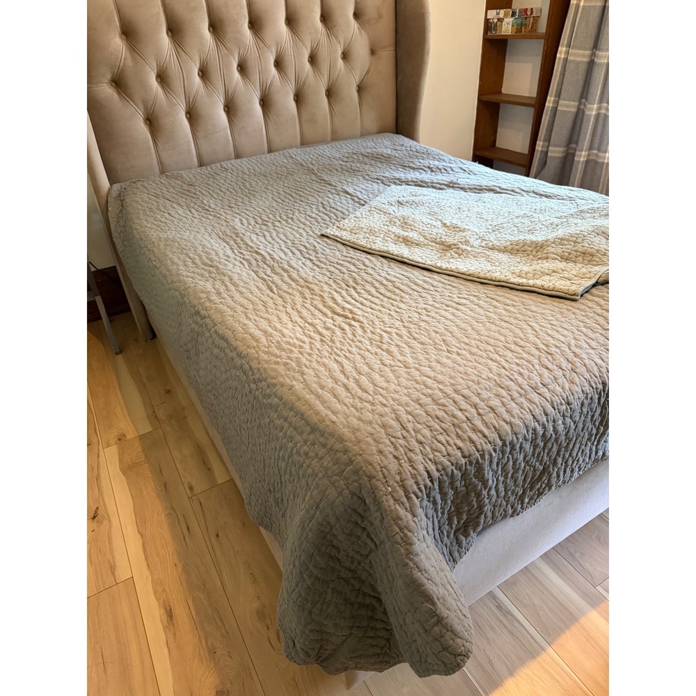 Pottery Barn Pick Stitch Quilt gray Linen Cotton Blend farmhouse country cottage